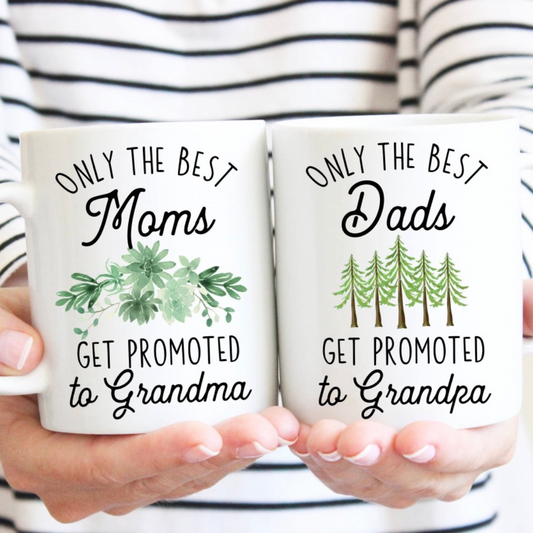 Only the Best Moms + Dads Get Promoted to Grandma/Grandpa Mug Set